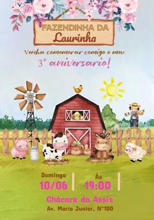 Convite Aniversário Fazendinha Rosa com Animais para Editar