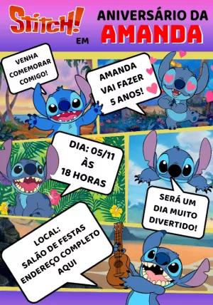 Convite de Aniversário Stitch em Quadrinhos para Editar Online