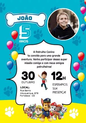 Convite Aniversário Patrulha Canina com Foto para Editar