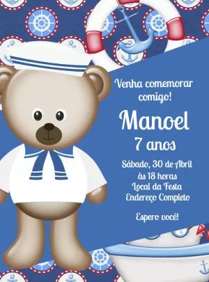 Convite Aniversário Ursinho Marinheiro para Editar Online