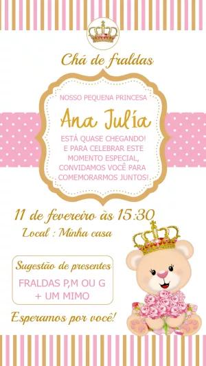 Convite Chá de Fraldas Ursinha Princesa para Editar Online