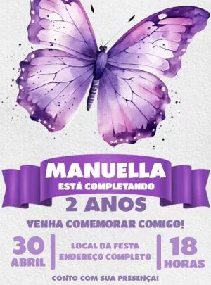 Convite Aniversário Borboleta Aquarela para Editar Online