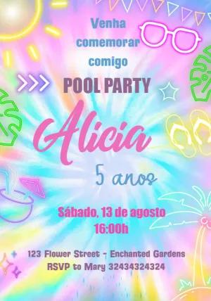 Convite Aniversário Pool Party Tie-Dye Neon para Editar Online