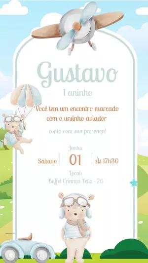 Convite Aniversário Ursinho Aviador para Editar Online