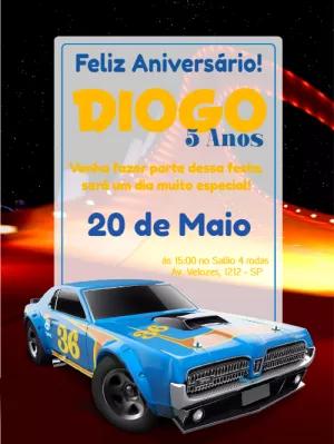 Convite de Aniversário Carros de Corrida para Editar Online