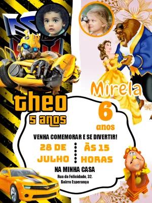 Convite Duplo Transformers e a Bela e a Fera com Foto para Editar