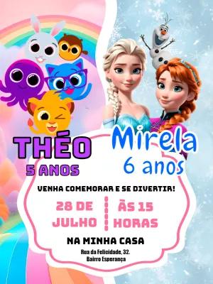 Convite Aniversário Duplo Bolofofos e Frozen para Editar Online