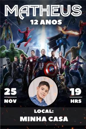 Convite Aniversário Vingadores com Foto para Editar Online