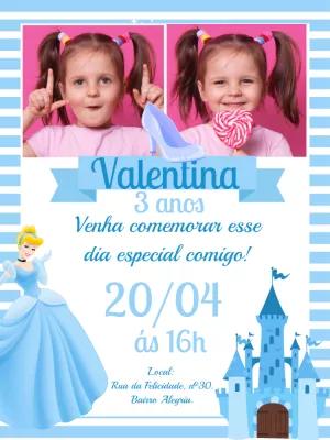 Convite Aniversário Cinderela com Foto para Editar Online
