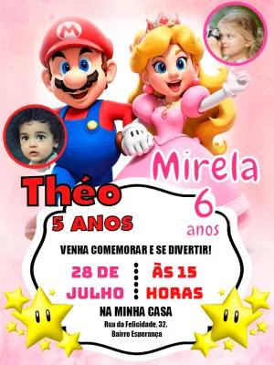 Convite Aniversário Duplo Mario e Peach com Foto para Editar