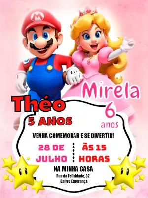 Convite Aniversário Duplo Super Mario e Peach para Editar Online