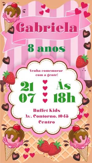 Convite Aniversário Sorveteria Rosa para Editar Online