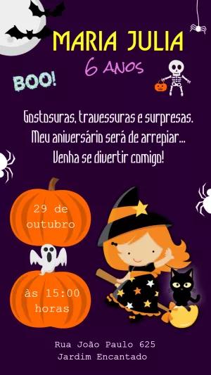 Convite Aniversário Halloween com Bruxinha para Editar Online