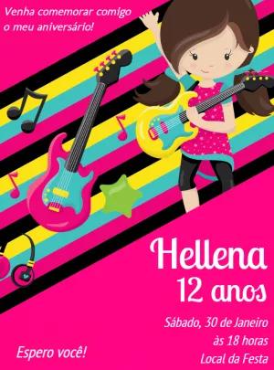 Convite de Aniversário Rock Menina Guitarrista para Editar Online