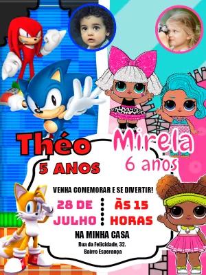 Convite Aniversário Duplo Sonic e LOL Surprise para Editar
