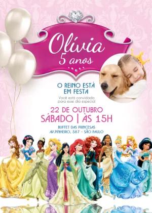 Convite Aniversário Princesas Disney com Foto para Editar Online