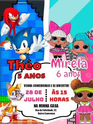 Convite Aniversário Duplo Sonic e LOL Surprise para Editar