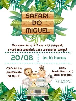 Convite Aniversário Safari com Animais Fofos para Editar Online
