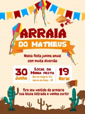 Convite Festa Junina Arraiá com Cactos e Pipas para Editar