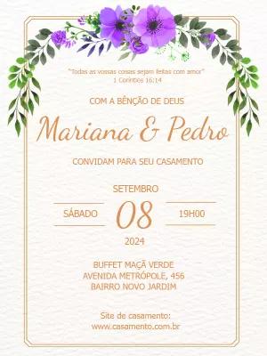 Convite de Casamento Floral Roxo para Editar Online