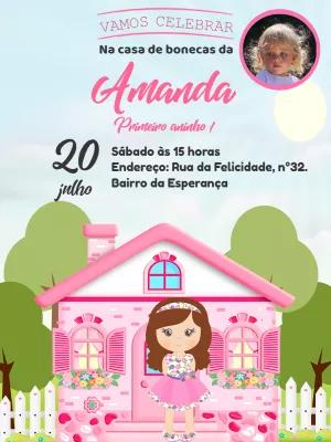Convite Aniversário Casa de Bonecas com Foto para Editar Online