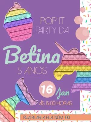Convite Aniversário Pop It Unicórnio e Sereia para Editar