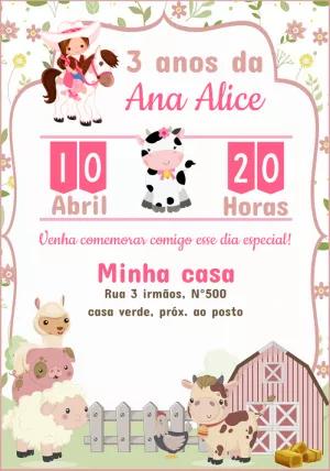 Convite Aniversário Fazendinha Rosa para Menina para Editar