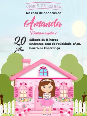 Convite Aniversário Casa de Bonecas Rosa para Editar Online