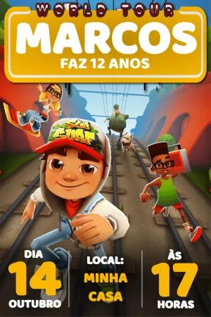 Convite Aniversário Subway Surfers com Personagens para Editar