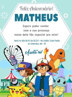 Convite de Aniversário Pokémon com Personagens para Editar