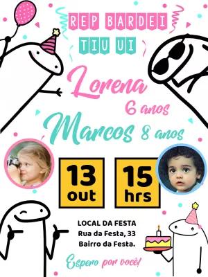 Convite Aniversário Duplo Flork com Foto para Editar Online