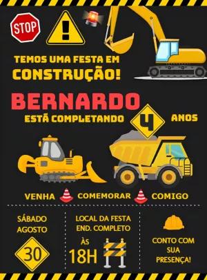 Convite de Aniversário Construção com Trator para Editar Online