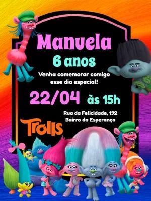 Convite Aniversário Trolls com Personagens para Editar Online