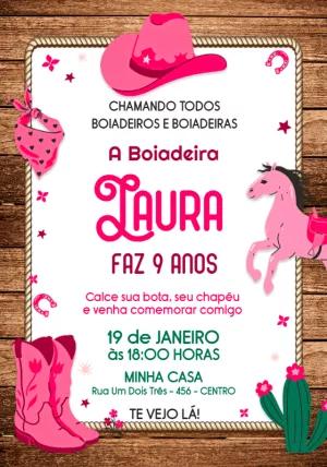 Convite Aniversário Boiadeira Country Rosa para Editar