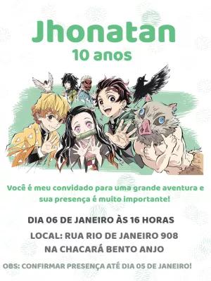 Convite Aniversário Demon Slayer com Personagens para Editar Online
