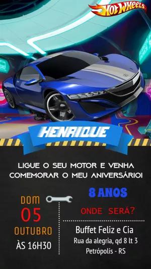 Convite de Aniversário Hot Wheels Carro Azul para Editar Online