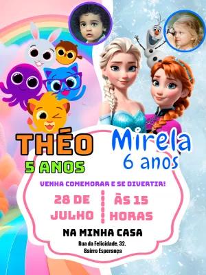 Convite Aniversário Duplo Bolofofos e Frozen com Foto para Editar