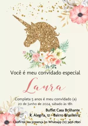 Convite de Aniversário Unicórnio Glitter para Editar Online