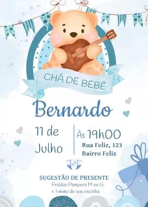 Convite Chá de Bebê Ursinho Aquarela para Editar Online