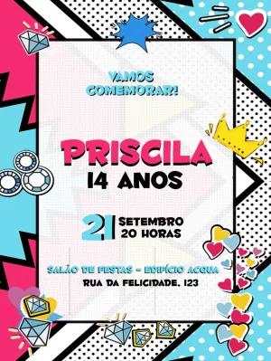 Convite de Aniversário Pop Art Comics para Editar Online