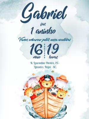 Convite de Aniversário Arca de Noé Aquarela para Editar Online