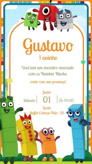 Convite Aniversário Number Blocks com Personagens para Editar