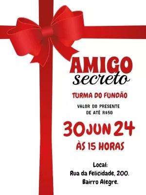 Convite Amigo Secreto com Laço Vermelho para Editar Online
