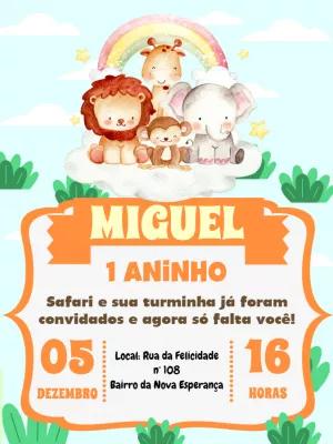 Convite de Aniversário Safari com Animais Fofos para Editar