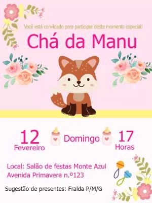 Convite Chá de Fraldas Raposinha Rosa para Editar Online