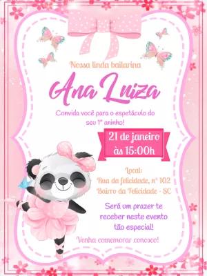 Convite Aniversário Panda Bailarina para Editar Online