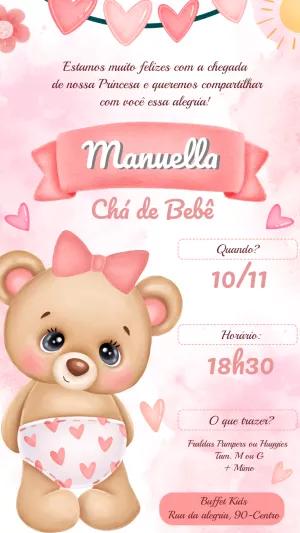 Convite Chá de Bebê Ursinha Rosa para Editar Online