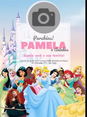 Convite Aniversário Princesas Disney com Foto para Editar Online