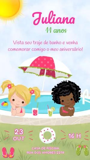 Convite de Aniversário Pool Party Meninas para Editar Online