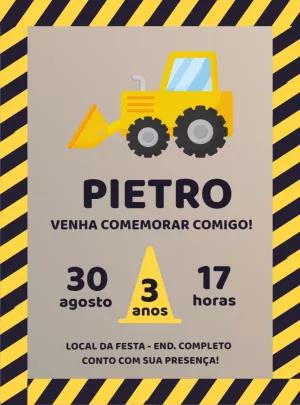 Convite Aniversário Construção com Trator para Editar Online